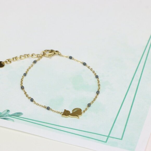 Cute Cat Design Yellow Gold Bracelet with Blue Bead Detailing, XPBL0614 - Picture 4 of 12